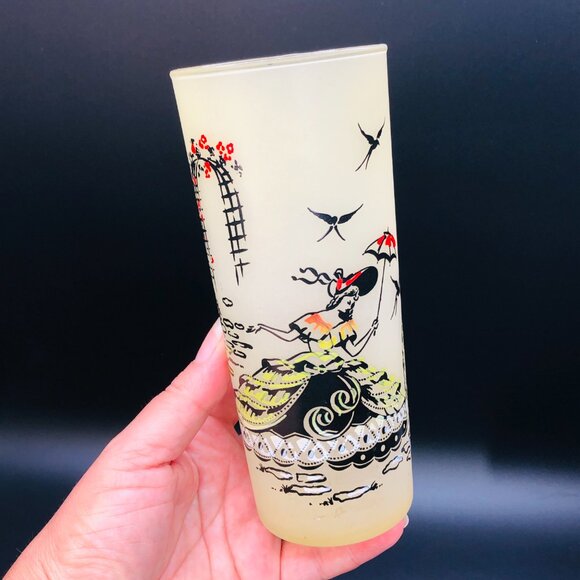 60s Southern Belle Tom Collins Cocktail Glass Set of 3 Frosted Highball Tumblers - Picture 7 of 13